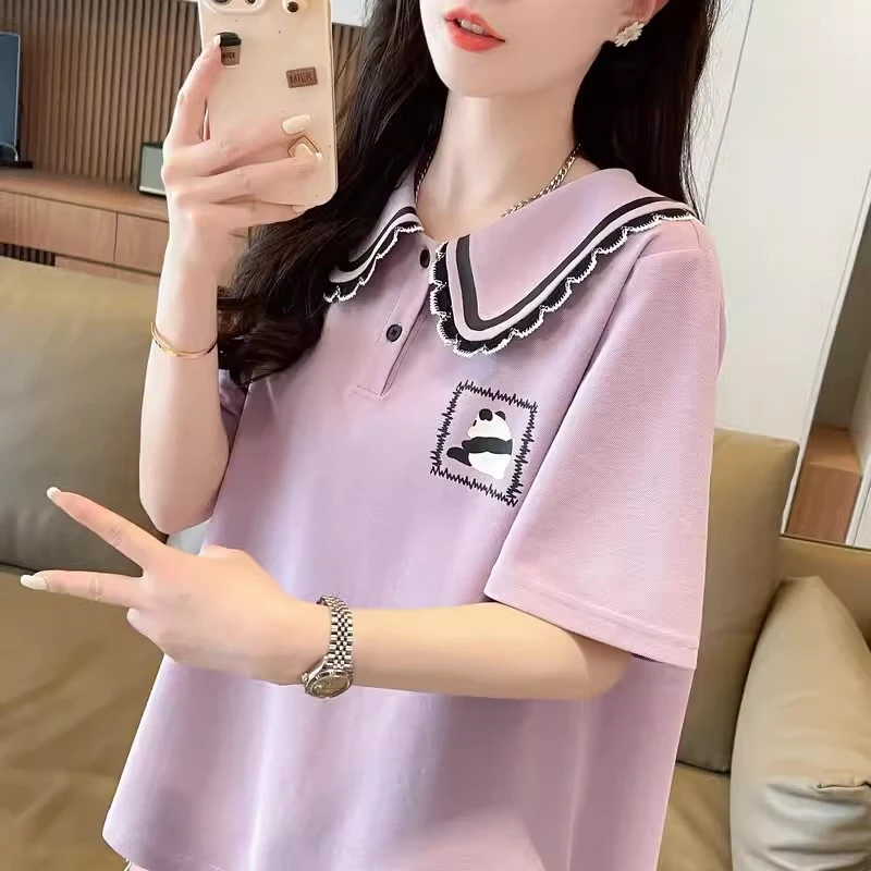 翻领polo衫短袖t恤女夏季棉质设计感宽松大码女装胖mm娃娃领上衣
