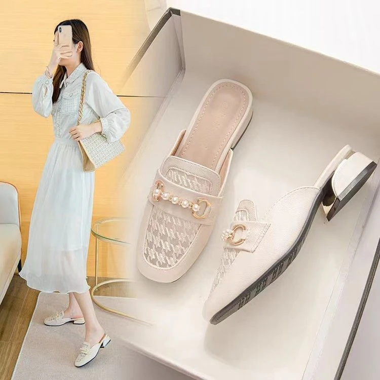 包头拖鞋女2024新款网纱配裙子低跟鞋外穿时尚粗跟百搭透气女鞋