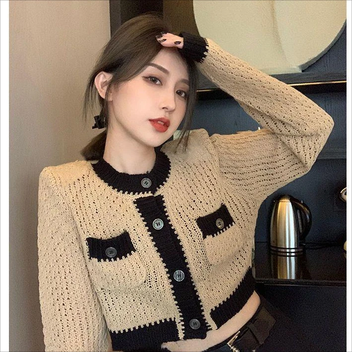 法式复古拼接撞色镂空针织开衫女春秋设计感小众显瘦长袖短款毛衣