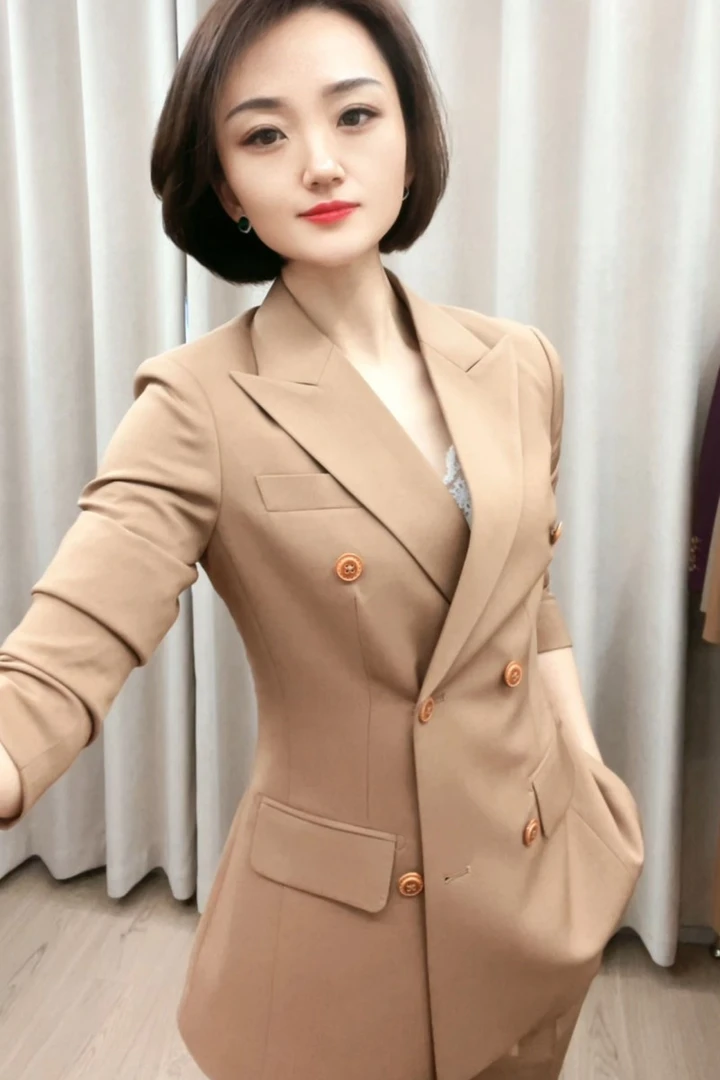 春秋款气质时尚双排扣驼色修身职业商务西装套装单件