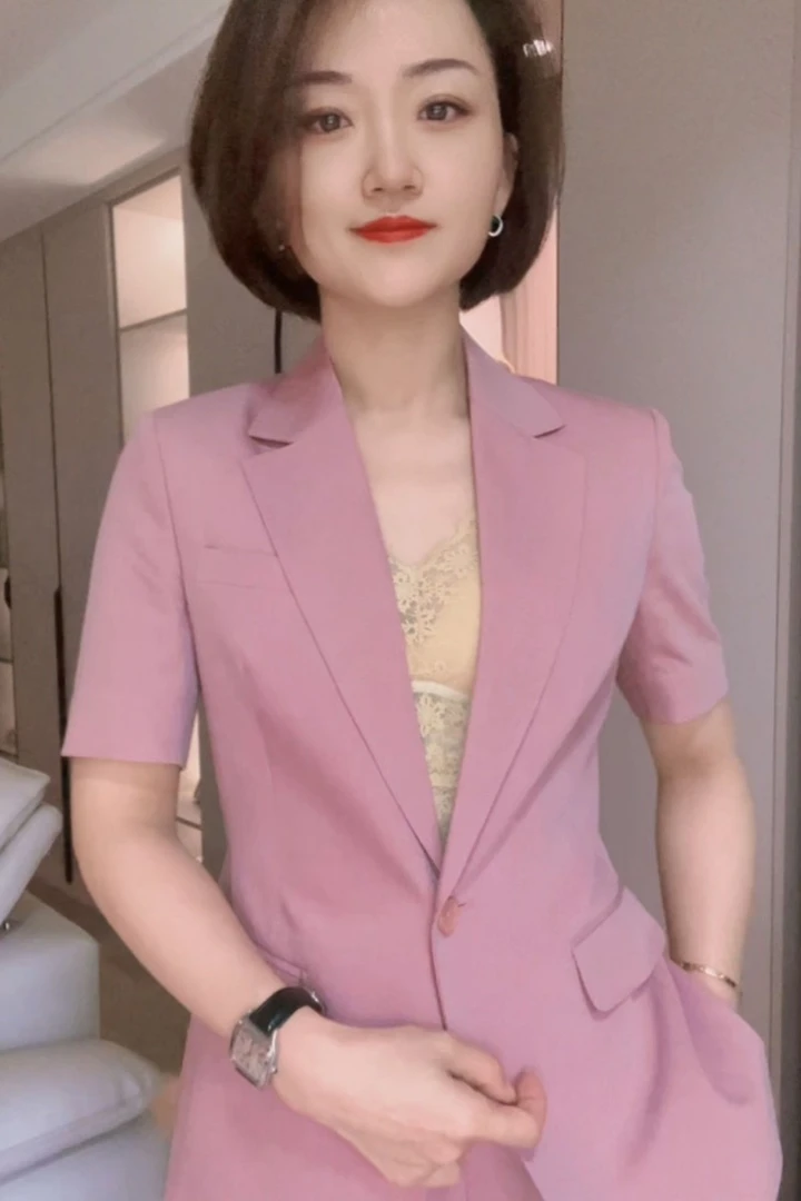 夏季粉色短袖气质时尚修身休闲百搭显瘦职业西装西服套装