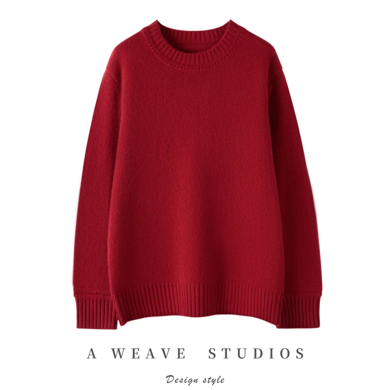 秋冬新款女士100%纯山羊绒提花圆领加厚羊绒衫宽松休闲百搭针织衫