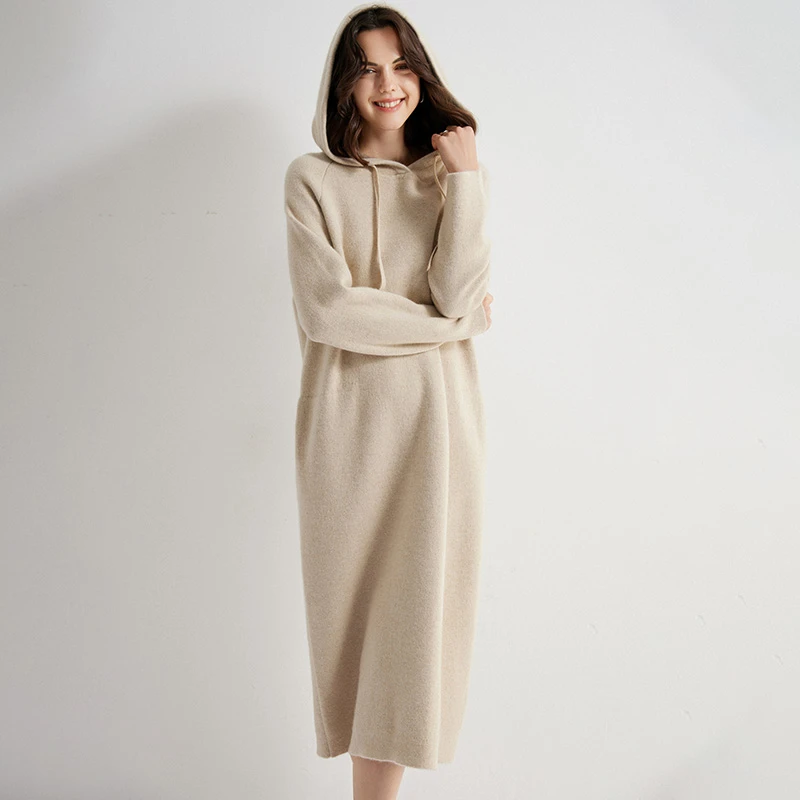 重磅空气层秋冬女士100%纯羊绒宽松连衣裙连帽加厚休闲时尚针织