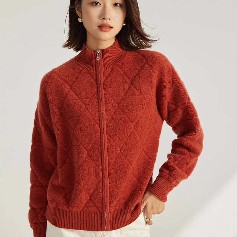 秋冬女士100%纯山羊绒开衫加厚拉链宽松休闲针织外套