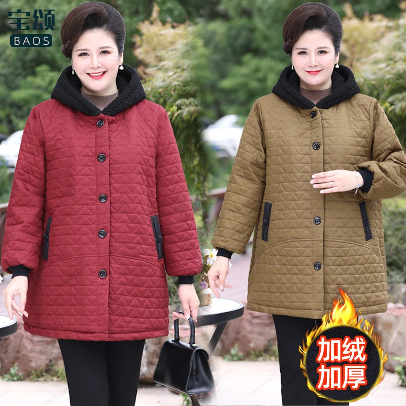 中老年加绒格子棉袄加肥加大码冬季保暖妈妈装宽松显瘦加厚棉衣服