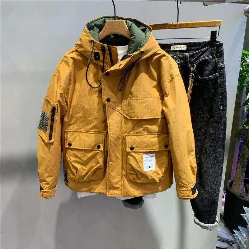 冬季拼接撞色男士连帽面包服个性贴标工装户外防寒宽松外套