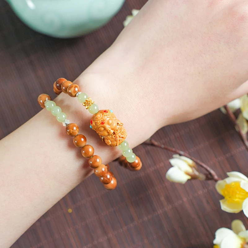 原创原生态库克菩提手串温润圆珠檀香雕刻萌度母国风菩提手串