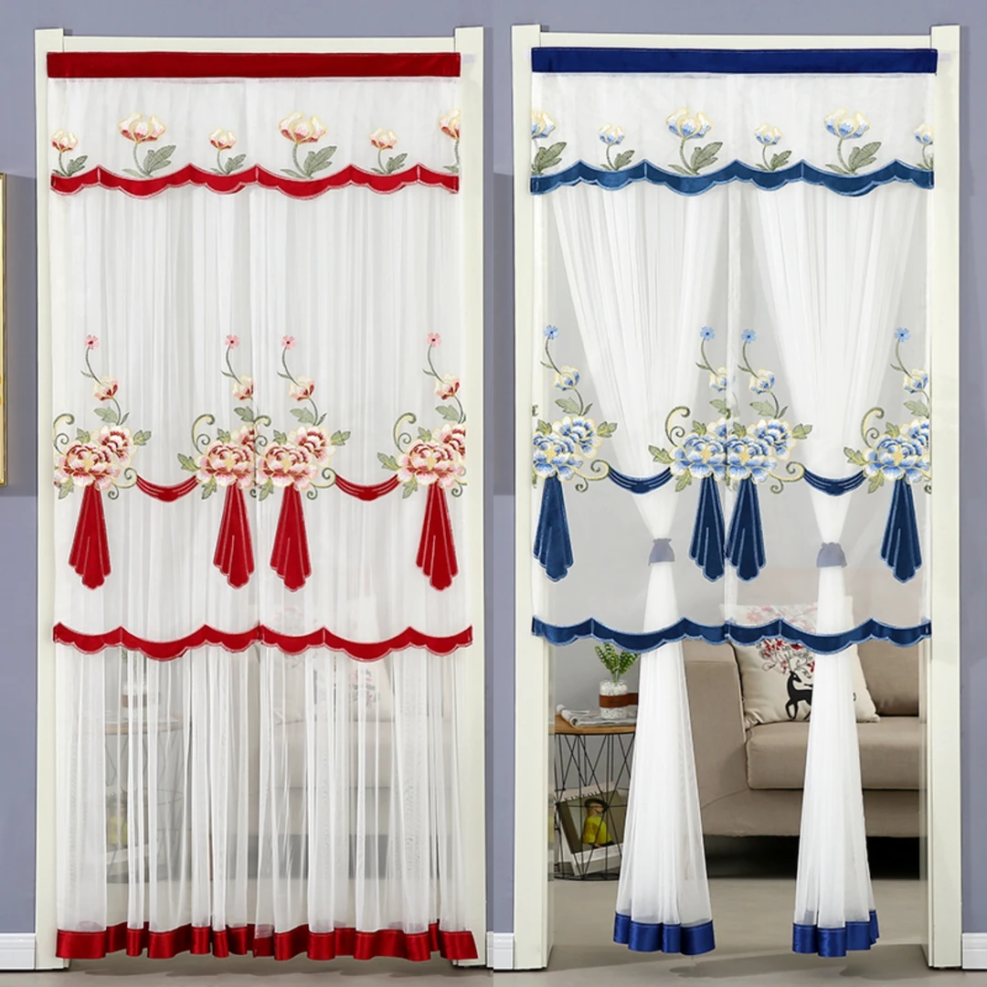 【富贵花】夏季防蚊蝇门帘免打孔安装刺绣双纱门帘蕾丝纱帘隔断帘