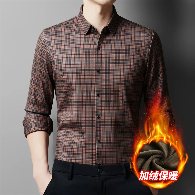 老爷车保暖衬衫男士加绒加厚格子磨毛高档时尚中年休闲弹力衬衣