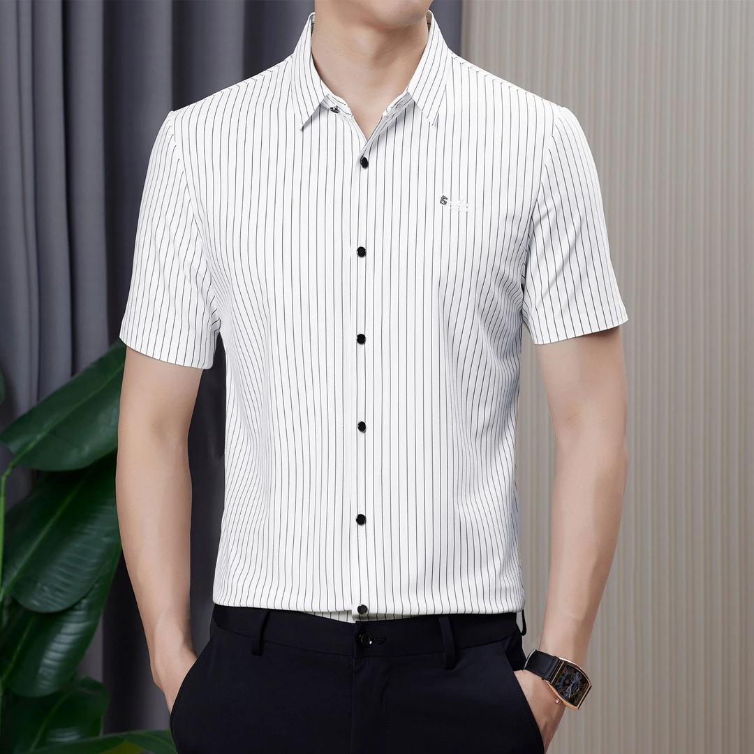 老爷车短袖衬衫男款夏季条纹透气轻奢高弹力抗皱无痕休闲衬衣男士