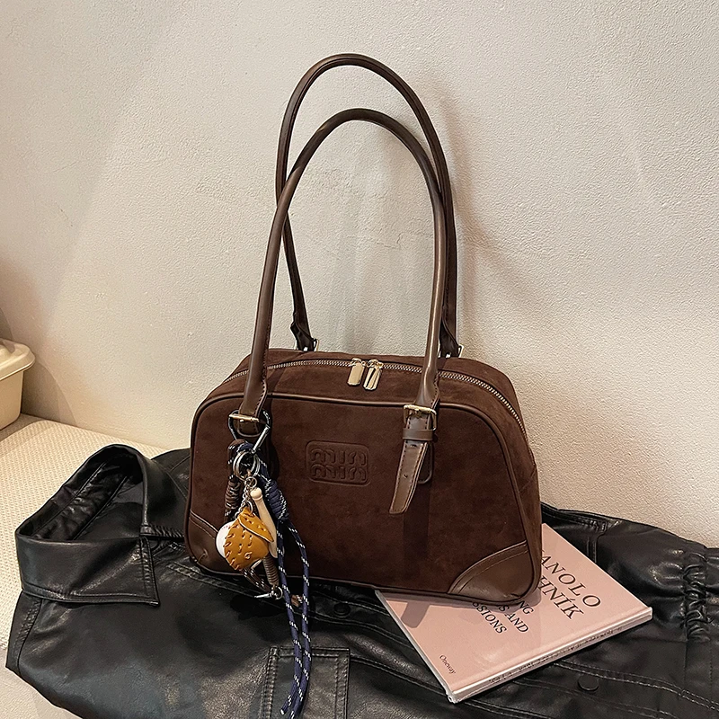 磨砂麂皮绒保龄球包包女2024新款高级感大容量单肩腋下包手提包包