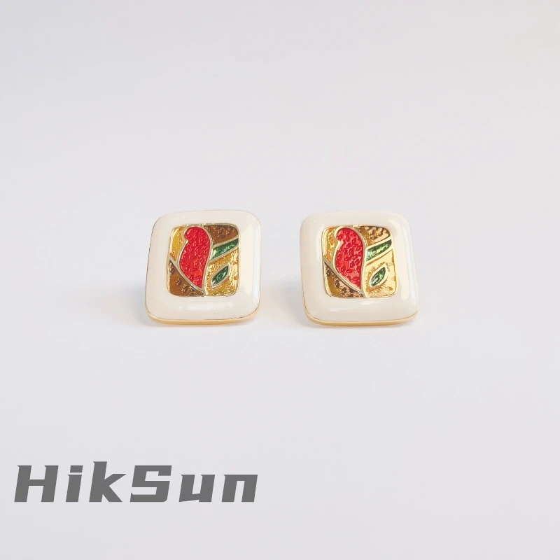 铜合金耳饰 【1473】复古简约珐琅撞色花朵耳钉法式
