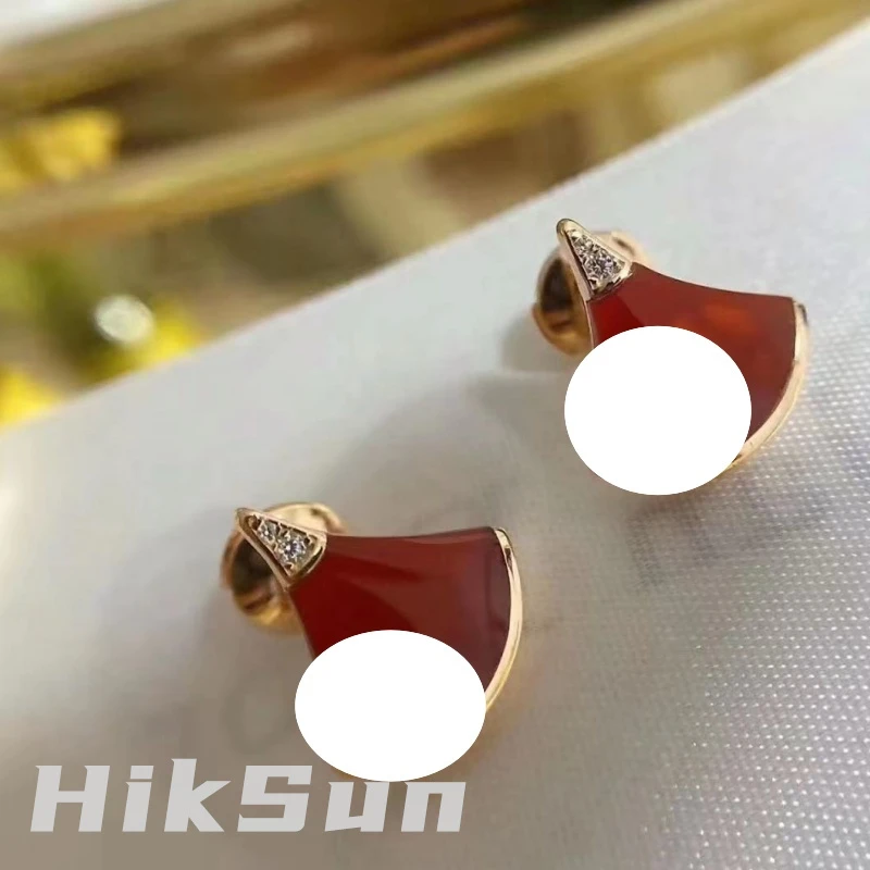 铜合金合成锆石耳饰 【1553】轻奢红色扇形耳钉