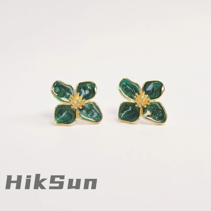 铜合金耳饰 【1472】复古绿色珐琅花朵耳钉~