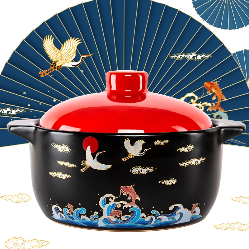 【自营】康舒国朝风红色盖子鱼跃龙门款耐高温砂锅大容量煮粥煲汤锅