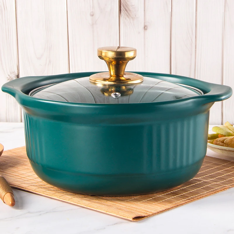 【自营】康舒耐高温燃气专用砂锅炖锅孔雀绿锅身金色提手玻璃盖款