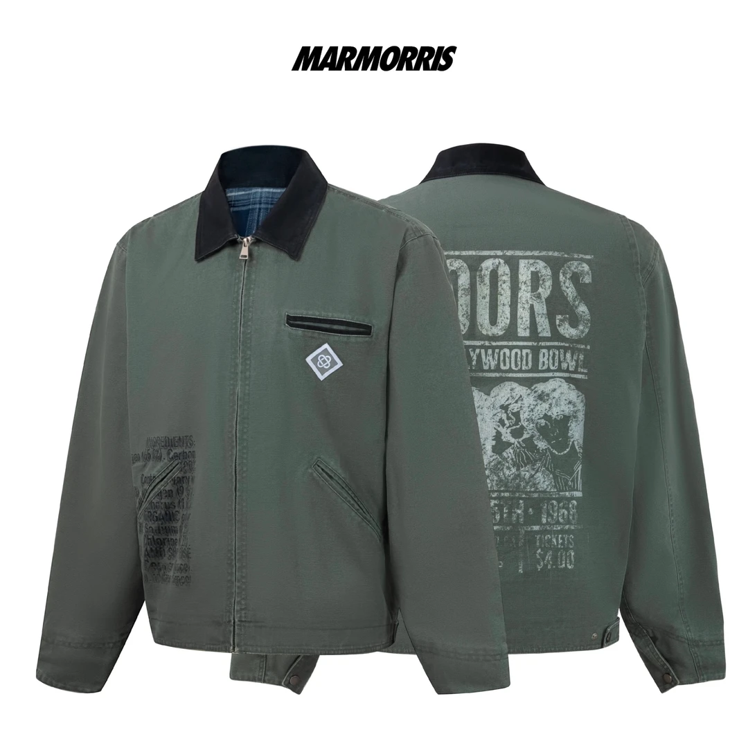 MARMORRIS水洗绿复古做旧印花磨边破坏美式翻领底特律工装夹克