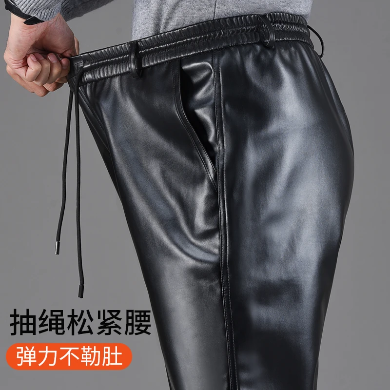 秋冬松紧腰直筒中老年男皮裤宽松防水男士工作干活穿冬季加绒加厚