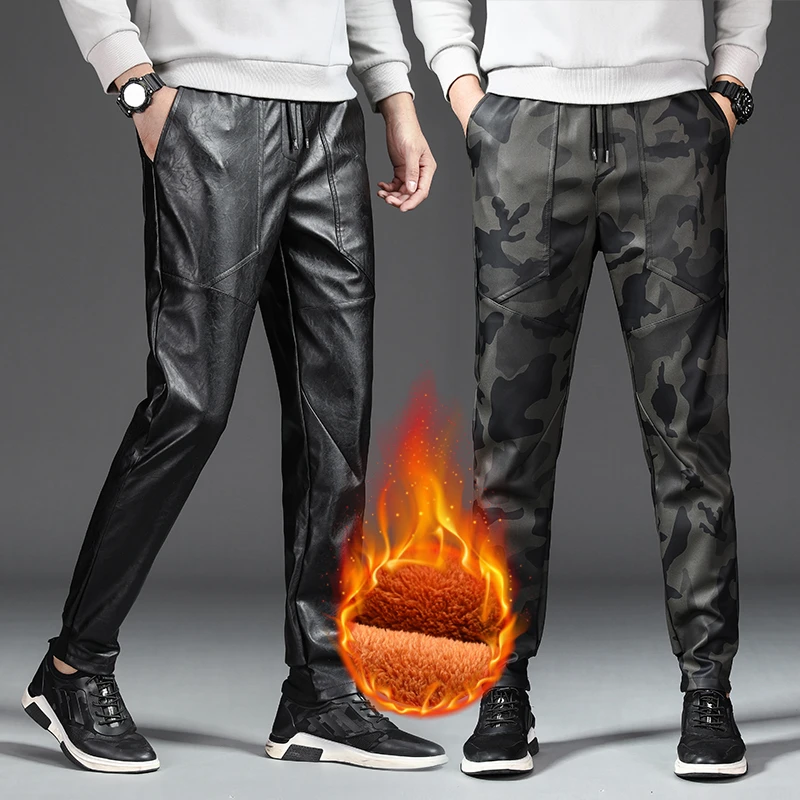 迷彩皮裤男潮流机车摩托车工装裤防水防风男士加绒加厚冬季皮裤子