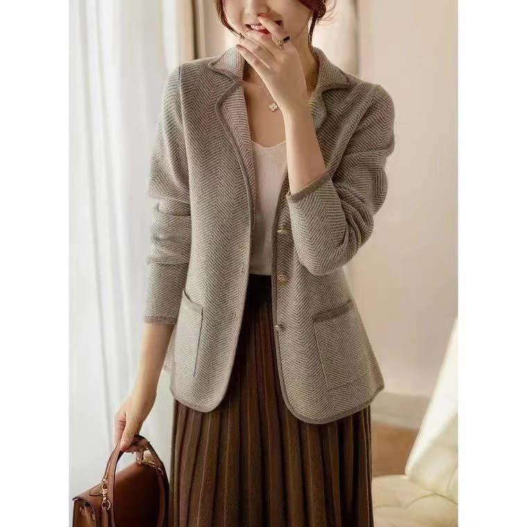 加厚羊毛小西服开衫女高端韩版西装领针织毛衣外套人字纹修身外搭