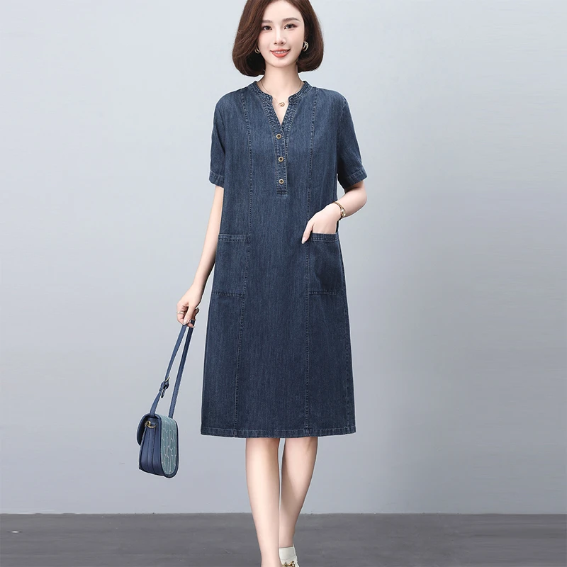 薄款短袖牛仔连衣裙女夏2025新款小个子妈妈宽松显瘦遮肚中长裙子