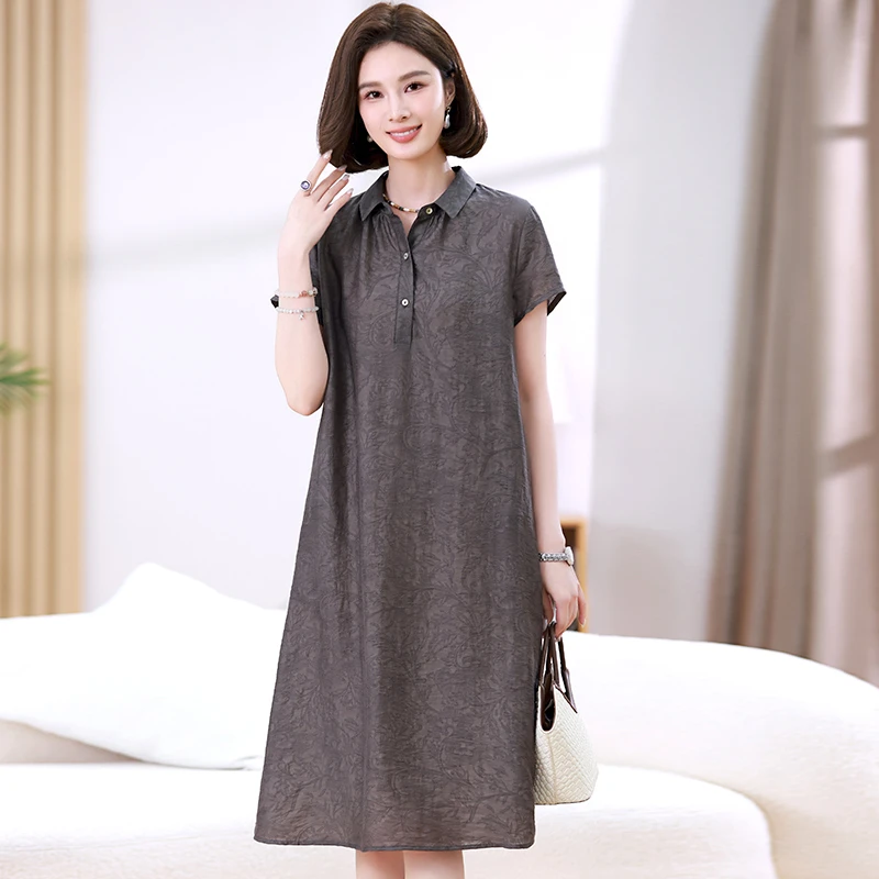 高端天丝麻衬衫连衣裙女2025夏新款中年妈妈宽松遮肉休闲中长裙子