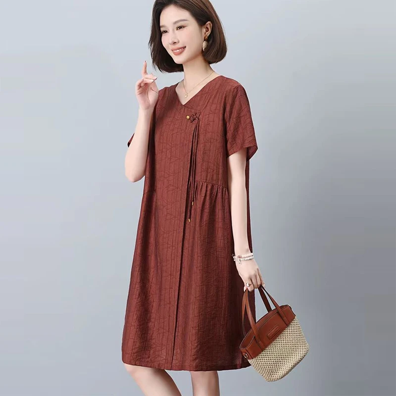 天丝连衣裙女夏季2025宽松遮肉盘扣中长裙中年妈妈洋气薄款直筒裙