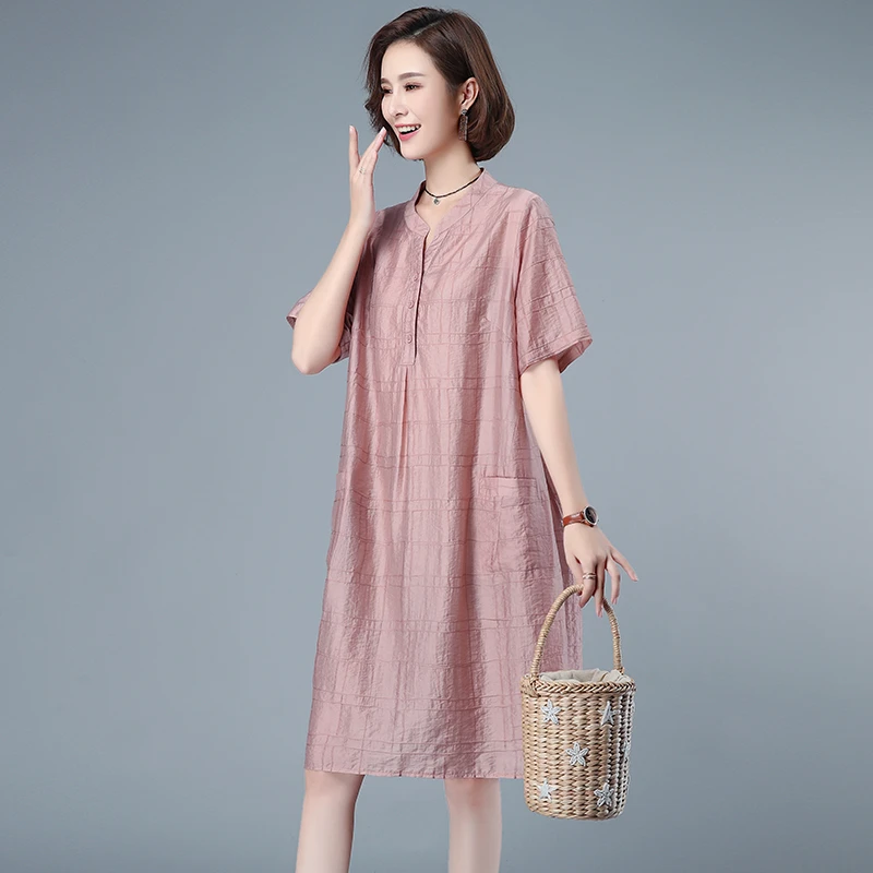 天丝连衣裙女夏季2025新款短袖大码宽松中年妈妈薄款洋气高端裙子