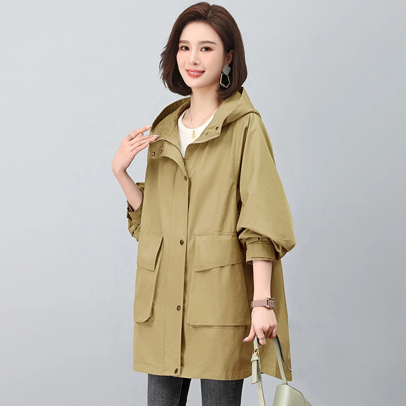 纯棉风衣外套女中长款2025新款春秋连帽妈妈宽松休闲时尚减龄上衣