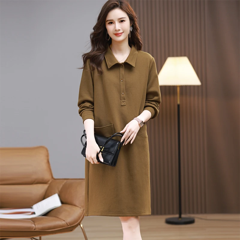 长袖卫衣裙女春秋2025新款高级感气质连衣裙洋气妈妈显瘦遮肚裙子