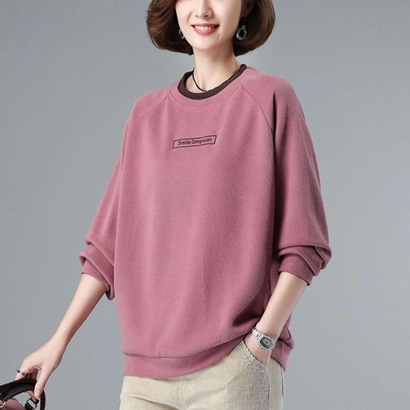 中老年女装妈妈春秋季洋气薄款卫衣长袖t恤新款休闲圆领宽松上衣