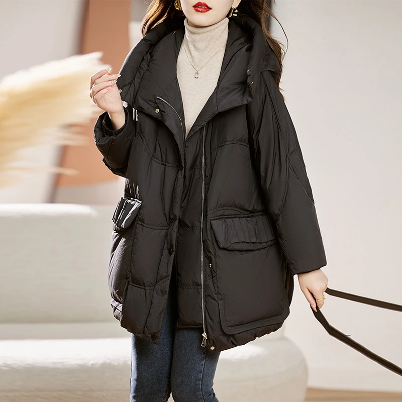 高端羽绒服女中长款宽松欧货2025冬新款大码面包服洋气白鸭绒外套