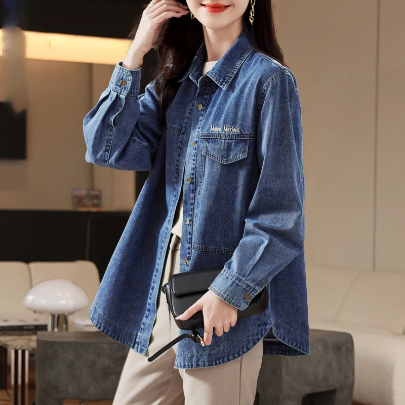 纯棉牛仔衬衫女春秋2025新款高级感妈妈宽松上衣大码长袖衬衣外套