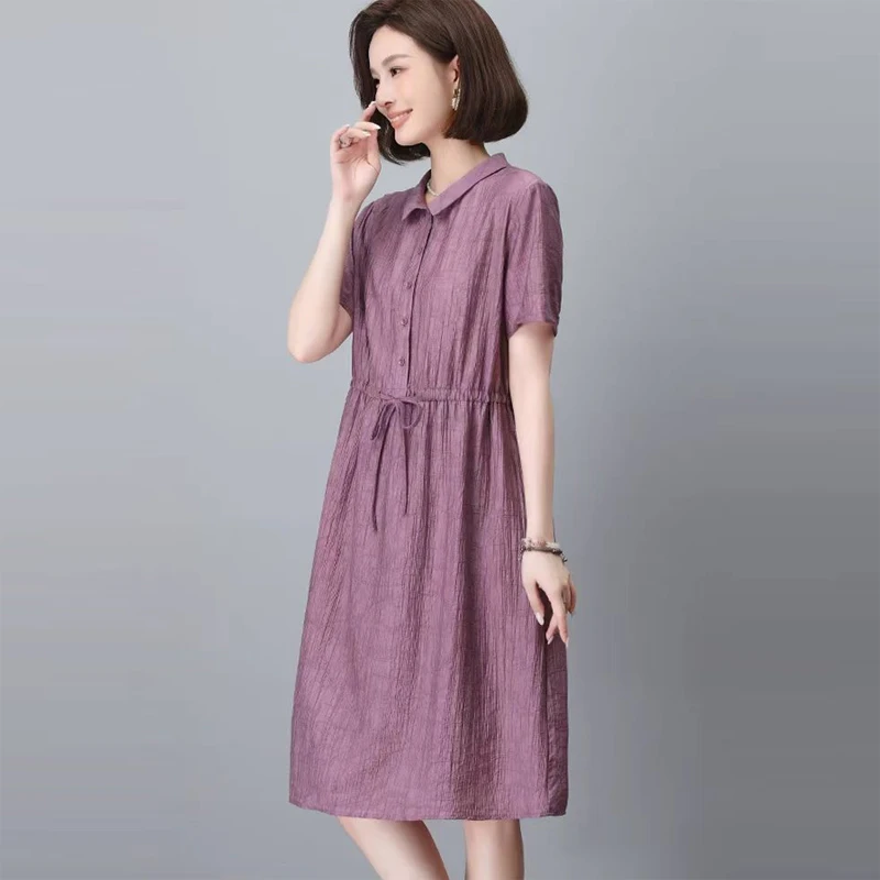 夏季短袖连衣裙女2025新款收腰系带显瘦衬衫裙中年妈妈气质中长裙