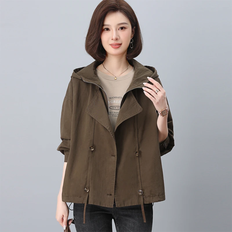 连帽风衣外套女春秋2025新款小个子妈妈时尚休闲宽松开衫夹克上衣