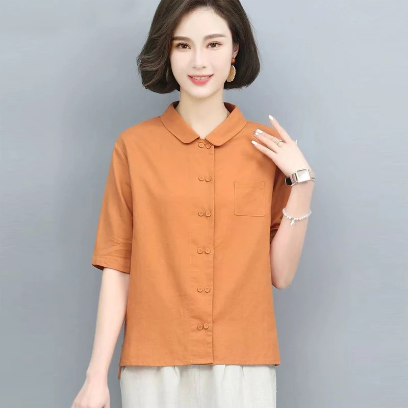 短袖棉麻衬衫女夏2025新款时尚宽松妈妈开衫休闲洋气百搭亚麻上衣