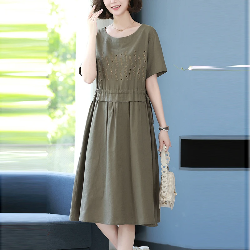 高端棉麻连衣裙女2025夏季新款宽松遮肚显瘦休闲洋气妈妈亚麻裙子