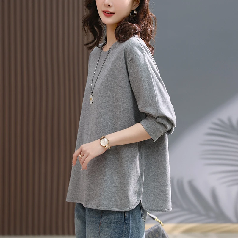 圆领卫衣女2025春秋遮肚子长袖t恤宽松休闲大码外穿薄款纯棉上衣
