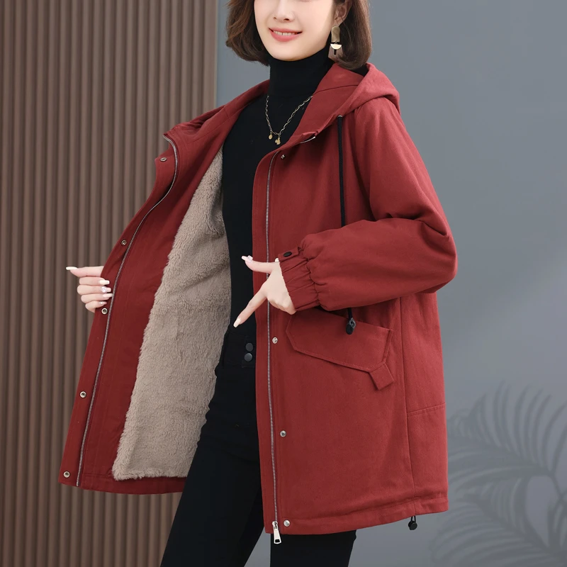 派克服女2025新款冬季中长版棉袄休闲妈妈装连帽加绒加厚棉衣外套