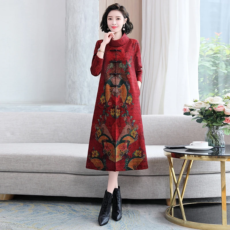 中年妈妈春秋2025中国风旗袍盘扣连衣裙中老年婆婆婚姻装新款长裙