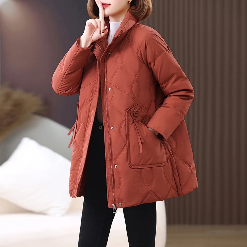 高端羽绒服女中长款冬季2025新款妈妈洋气休闲宽松立领白鸭绒外套