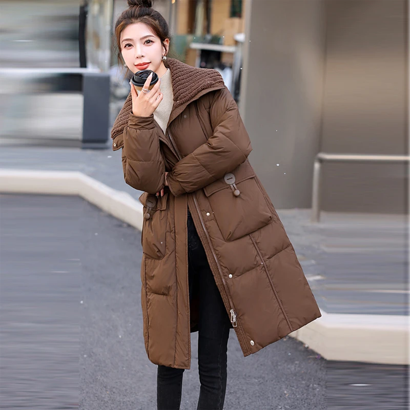 针织大翻领羽绒服女中长款2025冬季新款高级感时尚保暖白鸭绒外套