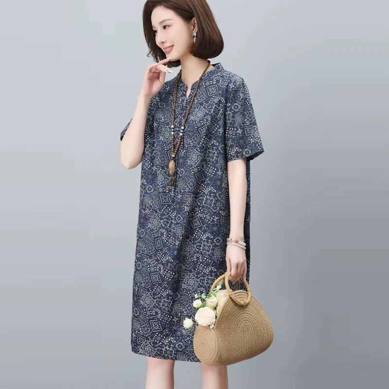 纯棉印花短袖连衣裙女2025新款中年妈妈宽松休闲遮肚气质中长裙子