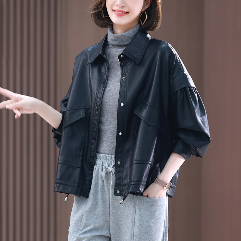 皮衣短外套女春秋2025新款高端妈妈宽松洋气风衣机车夹克外套上衣