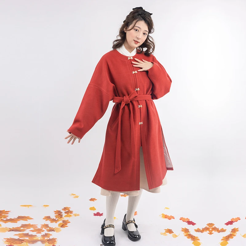 彩云涧明制圆领长款弓袋袖汉服休闲毛呢外套大衣时尚百搭国风复古