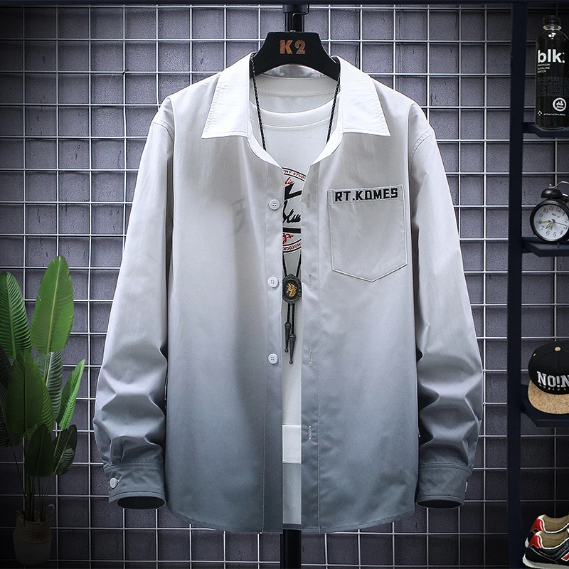 渐变色长袖衬衫男装青少年薄款潮流宽松寸衫外套男士上衣休闲衬衣