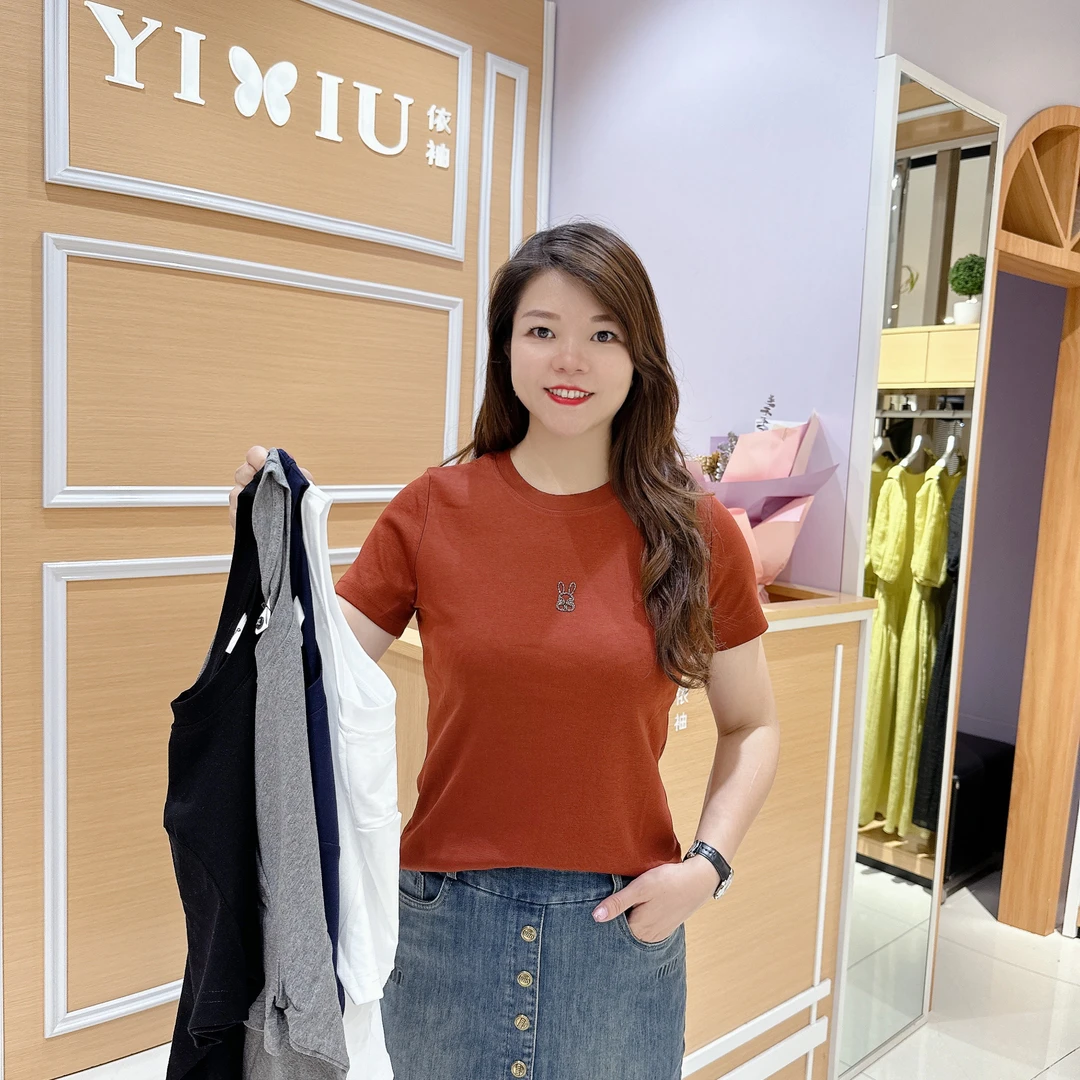 新款5-986百搭圆领短袖女时尚休闲棉T恤净色/长58厘米