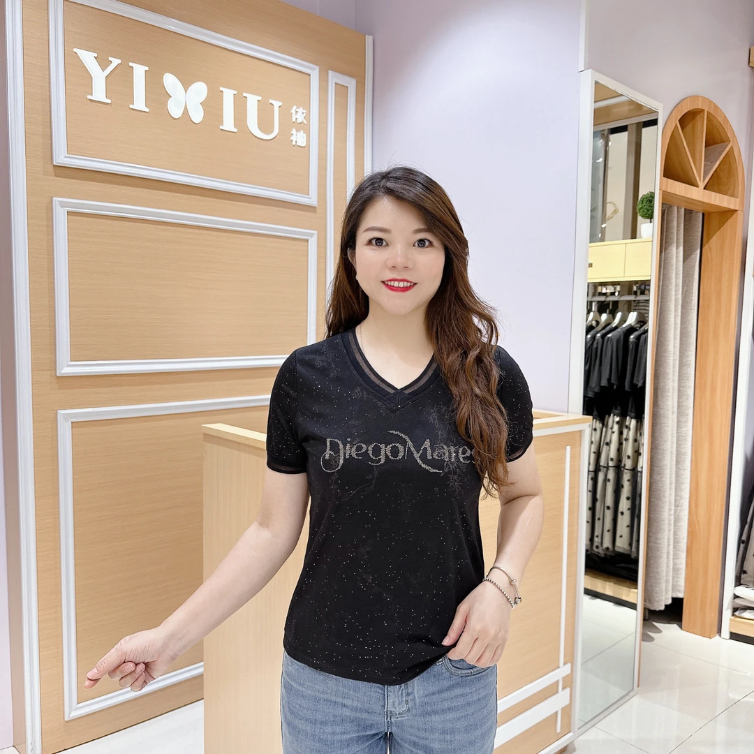 女士高档上衣6-1860夏季v领洋气条纹遮肉显瘦休闲短袖上衣T恤