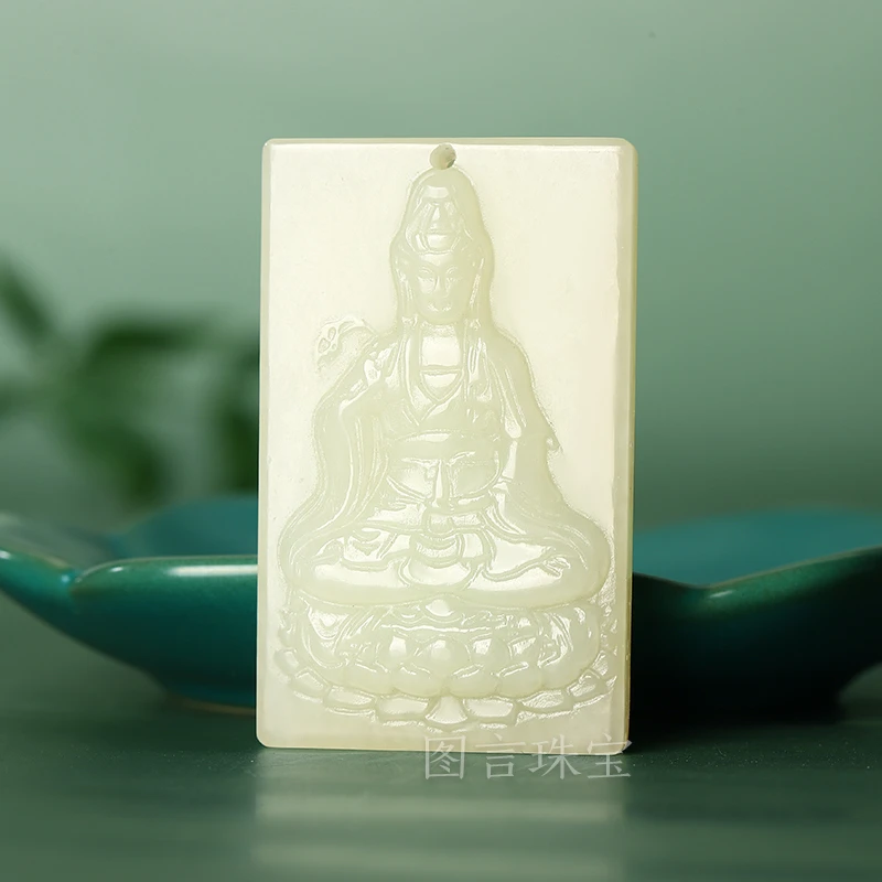 天然和田玉手持杨柳观音玉牌手工时尚精美男女白色净瓶观音玉观音