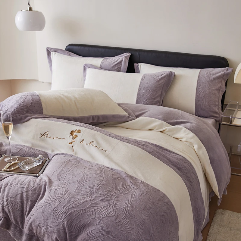 2023新款叶子烂花拼接牛奶绒四件套